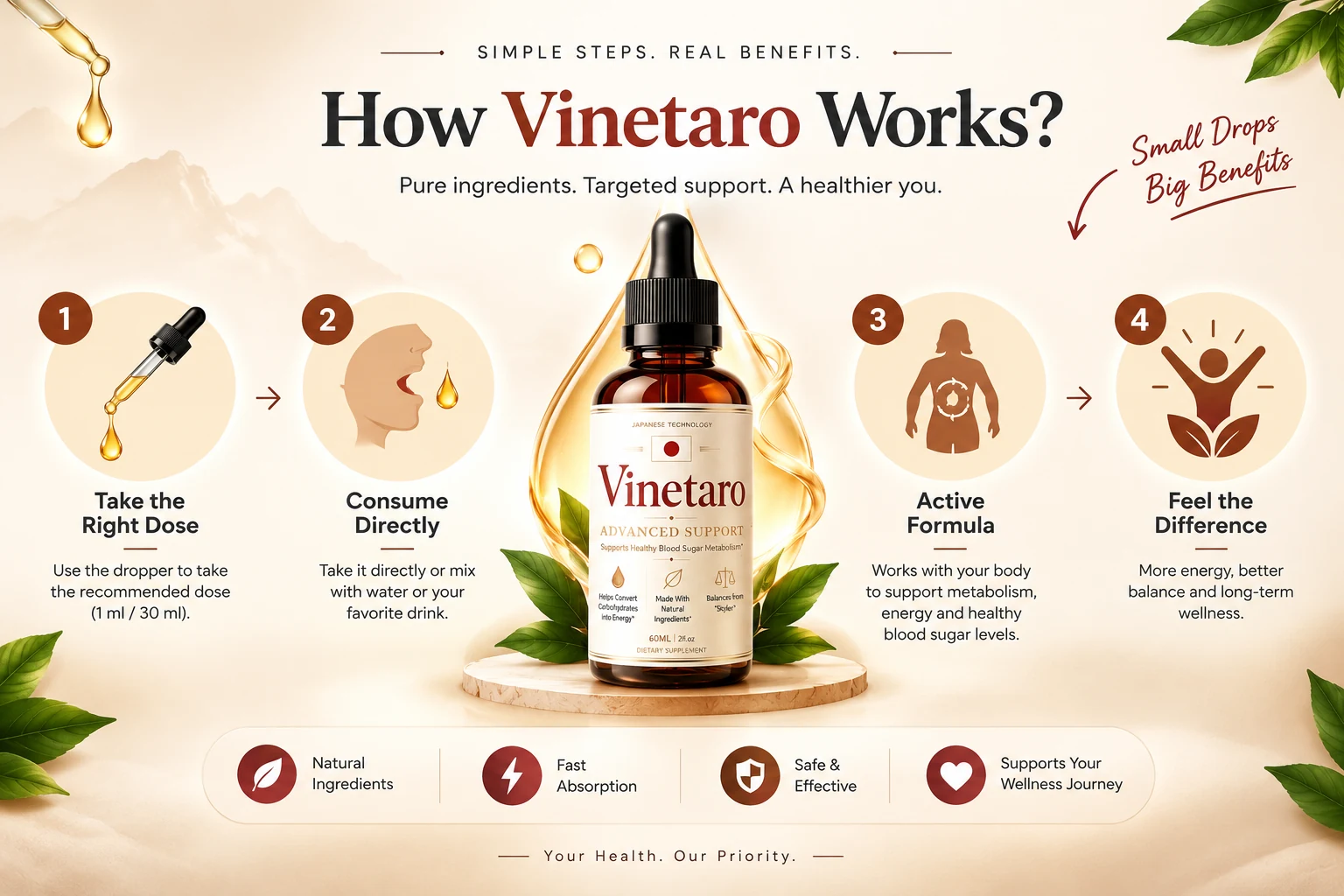How Vinetaro works: take the right dose, consume directly, active formula, feel the difference